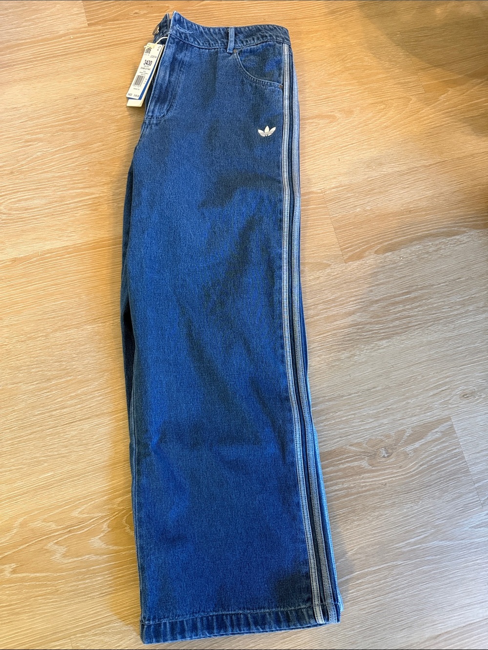 New Women adidas Navy Denim Track Pants with Light Blue Stripes
